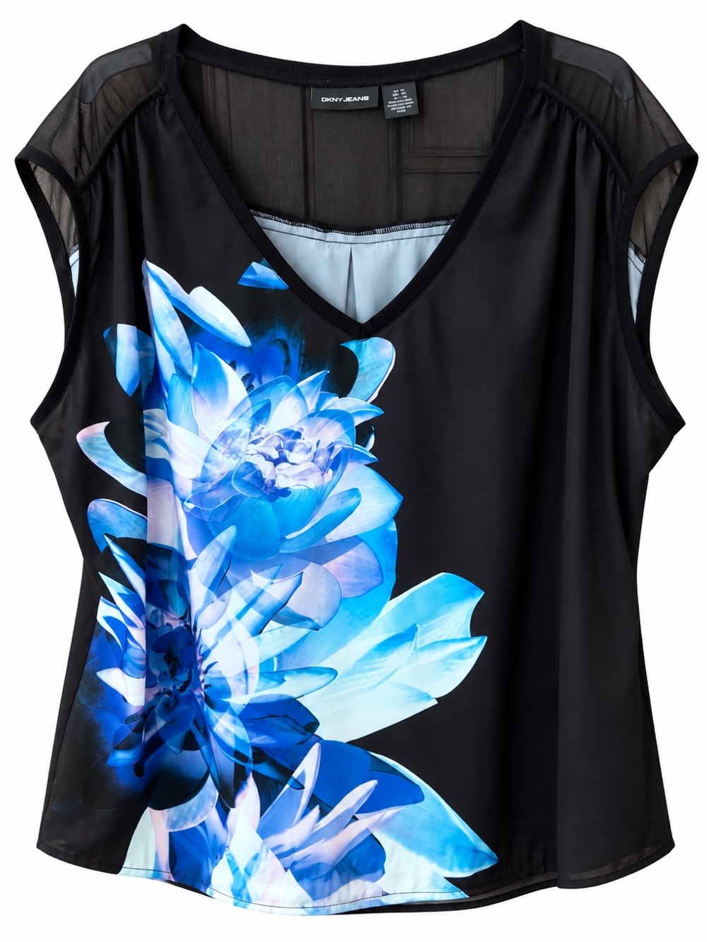 NWT DKNY Black V-Neck Top with Blue Floral Print. XL